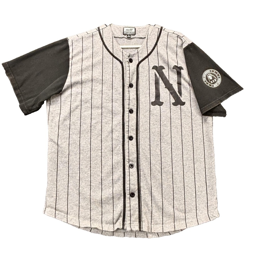 Neff‎ Shirt Mens Large Gray Pinstripe Baseball Jersey Button Up Short Sleeve
